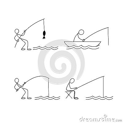 Fisherman trying to catch a fish. Stick figure icon Vector Illustration