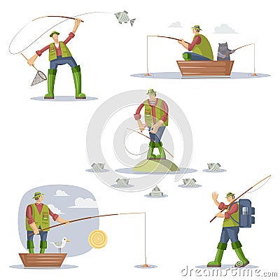 Fisherman in various fishing situations Vector Illustration