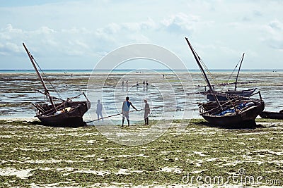 Fishermans burning their traditional African fishing boats on the low tide beach full of seaweed. Zanzibar, Tanzania Editorial Stock Photo
