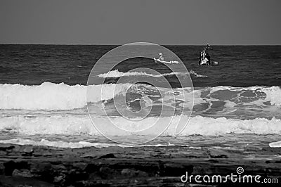 Fishermen boat sails from the small port of Givat Olga Hadera Israel Stock Photo