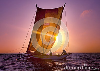 Fishermen Catamaran Sunset Seascape Sailboat Ripple Concept Stock Photo