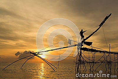 Fishermen catching prawns early morning in Phatthalung province, Thailand Editorial Stock Photo
