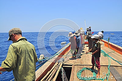 Fishermen are catching tuna with a trawl net. Editorial Stock Photo