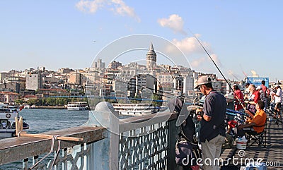 Fishermen on Galata bridge, Istanbul Editorial Stock Photo