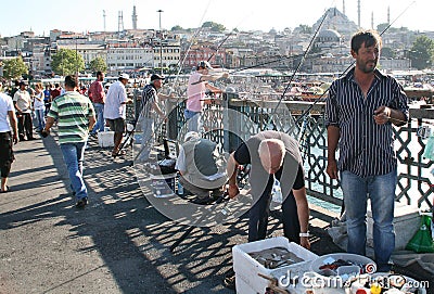 Fishermen on Galata bridge, Istanbul Editorial Stock Photo