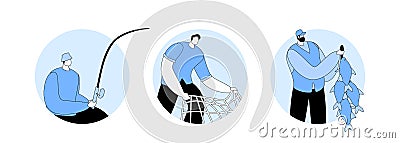 Fishermen Holding Rod, Net and Fish Haul. Fishing Isolated Round Icons or Avatars. Outdoor Relaxing Summertime Hobby Vector Illustration