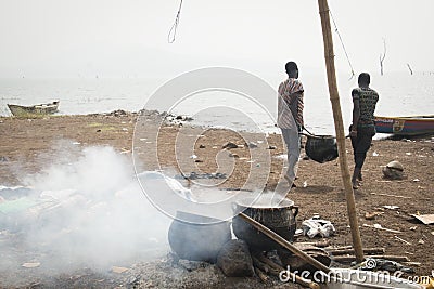 Fishermen lake Volta in the Volta Region in Ghana Editorial Stock Photo