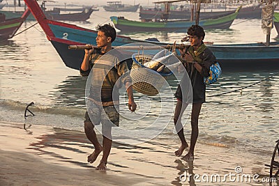 Fishermen - Ngapali Beach - Myanmar (Burma) Editorial Stock Photo