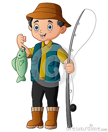 Fishermen in rubber boots with a caught fish and a fishing rod Vector Illustration