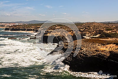 Fishermen`s route in the Alentejo, promenade with cliffs in Portugal Stock Photo