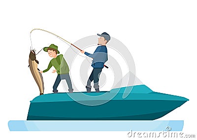Fishermen take fish, caught on spinning, putting catfish in boat. Vector Illustration