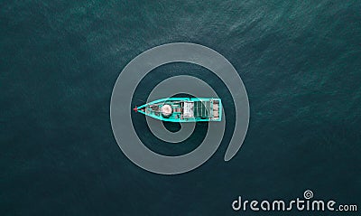 Fishermen workplace, fisher boat shot with a drone, down facing shot, drone only, fishing in the Pacific Ocean, sea fishing Stock Photo