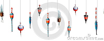 Fishery floats on lines seamless border. Watercolor drawing of cork angling equipment on white background Stock Photo
