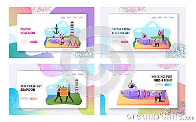 Fishery Industry Landing Page Template Set. Tiny Fishers Cutting Fresh Fish on Coastline with Lighthouse and Anchor Vector Illustration