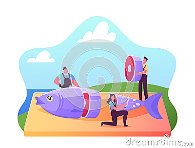 Fishery Industry, Seafood Cooking Concept. Tiny Male and Female Fisher Characters Cutting Fresh Raw Fish on Wooden Board Vector Illustration