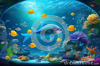 fishes in the aquarium fantasy future holograms panoramic view Stock Photo