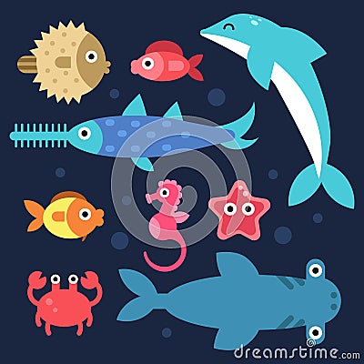 Fishes and others underwater animals. Stylized flat illustrations Vector Illustration