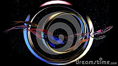 fishes passing through a metal ring in the night sky Stock Photo