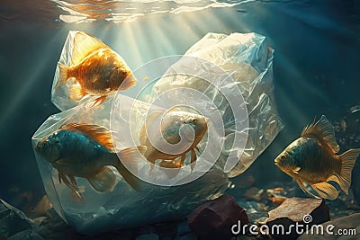 Fishes in plastic bag. Massive plastic pollution underwater concept. Ecological problem. Generative AI Stock Photo