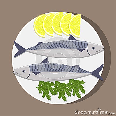 Fishes on white plate with lemon and herbs. Cooking of mackerel. Vector flat illustration. Cartoon Illustration