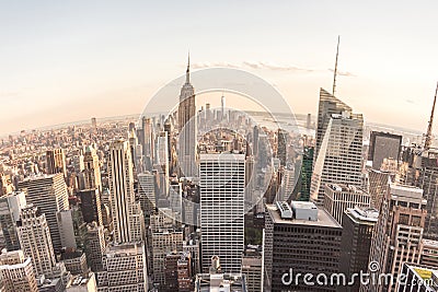 Fisheye aerial view of Manhattan in New York City, USA. Skyline panorama at sunset. Fish eye lens effect Stock Photo