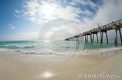 Fisheye landscape of Pensacola Beach's fishing pier Stock Photo