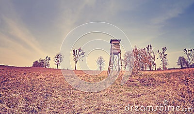 Fisheye lens panoramic photo of a hunting pulpit. Stock Photo