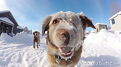 Fisheye portrait of dog on snow covered field, AI Generative Stock Photo