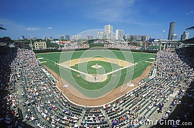 Fisheye view of crowd and diamond during a professional baseball game, Wrigley Field, Illinois Editorial Stock Photo