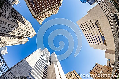 fisheye view of historic skyscraper in old town od Dallas under blue sky Editorial Stock Photo