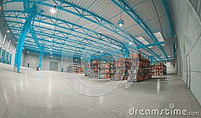 Fisheye view of a warehouse with pallets and goods Stock Photo