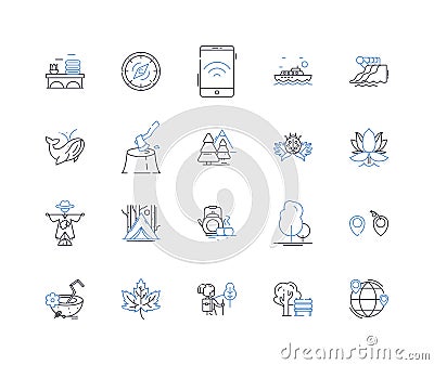 Fishing angling line icons collection. Bait, Hook, Lure, Cast, Reel, Fish, Catch vector and linear illustration. Line Vector Illustration