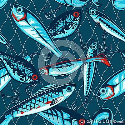 Fishing artificial baits vintage seamless pattern Vector Illustration