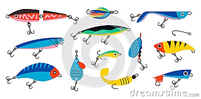 Fishing bait. Abstract contemporary fishery lures and wobblers. Spoons and twisters of artificial colorful fish shapes with hooks Vector Illustration