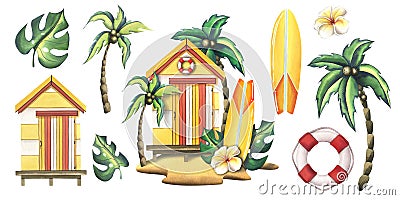 Fishing beach, striped wooden house with a surfboard, palm trees, tropical leaves. Watercolor illustration hand drawn. A Cartoon Illustration