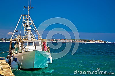 Fishing boat and Biograd na moru view Stock Photo