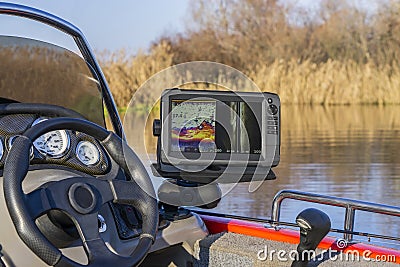 Fishing boat with fish finder, echolot, sonar and structure scaner aboard Stock Photo