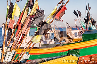 Fishing boat with flags. Close view Stock Photo