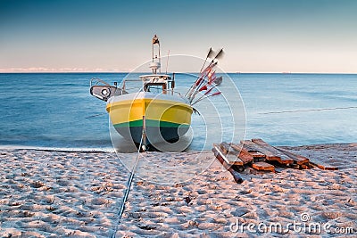 Fishing boat with flags. Wide view Stock Photo