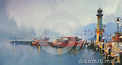 Fishing boat in harbor at morning Stock Photo