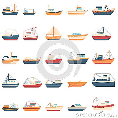 Fishing boat icons set, cartoon style Vector Illustration