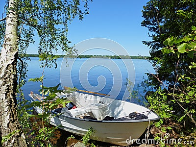 Fishing boat a lake Mien, Sweden Stock Photo