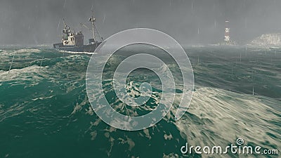 Fishing Boat And Lighthouse At Stormy Sea Stock Footage