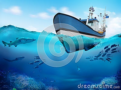 Fishing boat in the ocean. 3D illustration. Cartoon Illustration