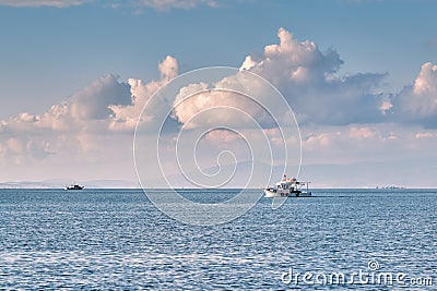 Fishing boat sailing over the sea in Urla Izmir Turkey Editorial Stock Photo