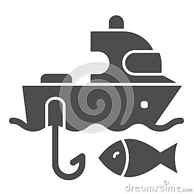 Fishing boat solid icon. Sailboat and fish vector illustration isolated on white. Fishing yacht glyph style design Vector Illustration