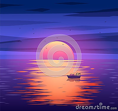 Fishing boat sunset vector background concept Vector Illustration