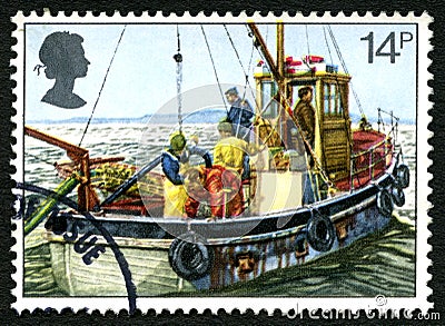 Fishing Boat UK Postage Stamp Cartoon Illustration