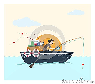 Fishing on the boat, vector illustration. Vector Illustration