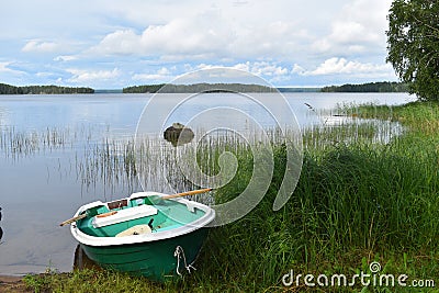 fishing boat on water. rural peaceful landscape. fisherman's boat on the lake Stock Photo